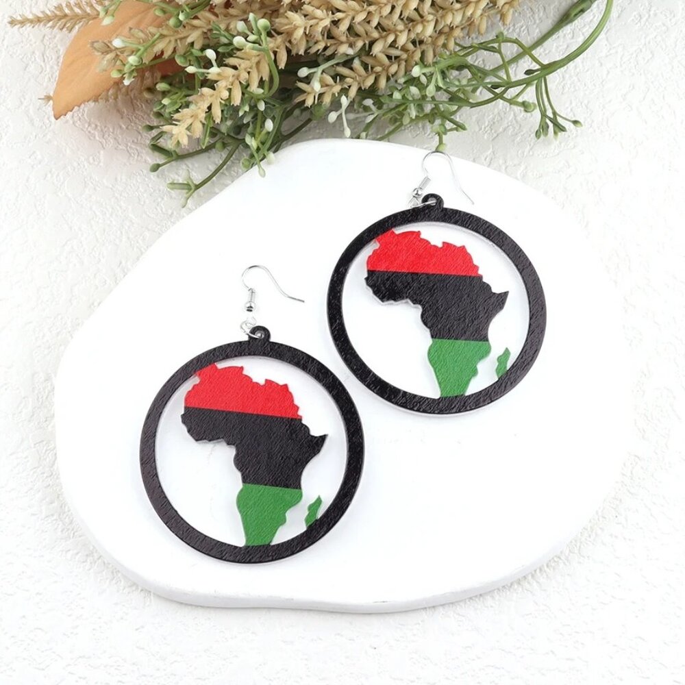 Red Black & Green Africa Map in Circle / Pan-African Flag Earring